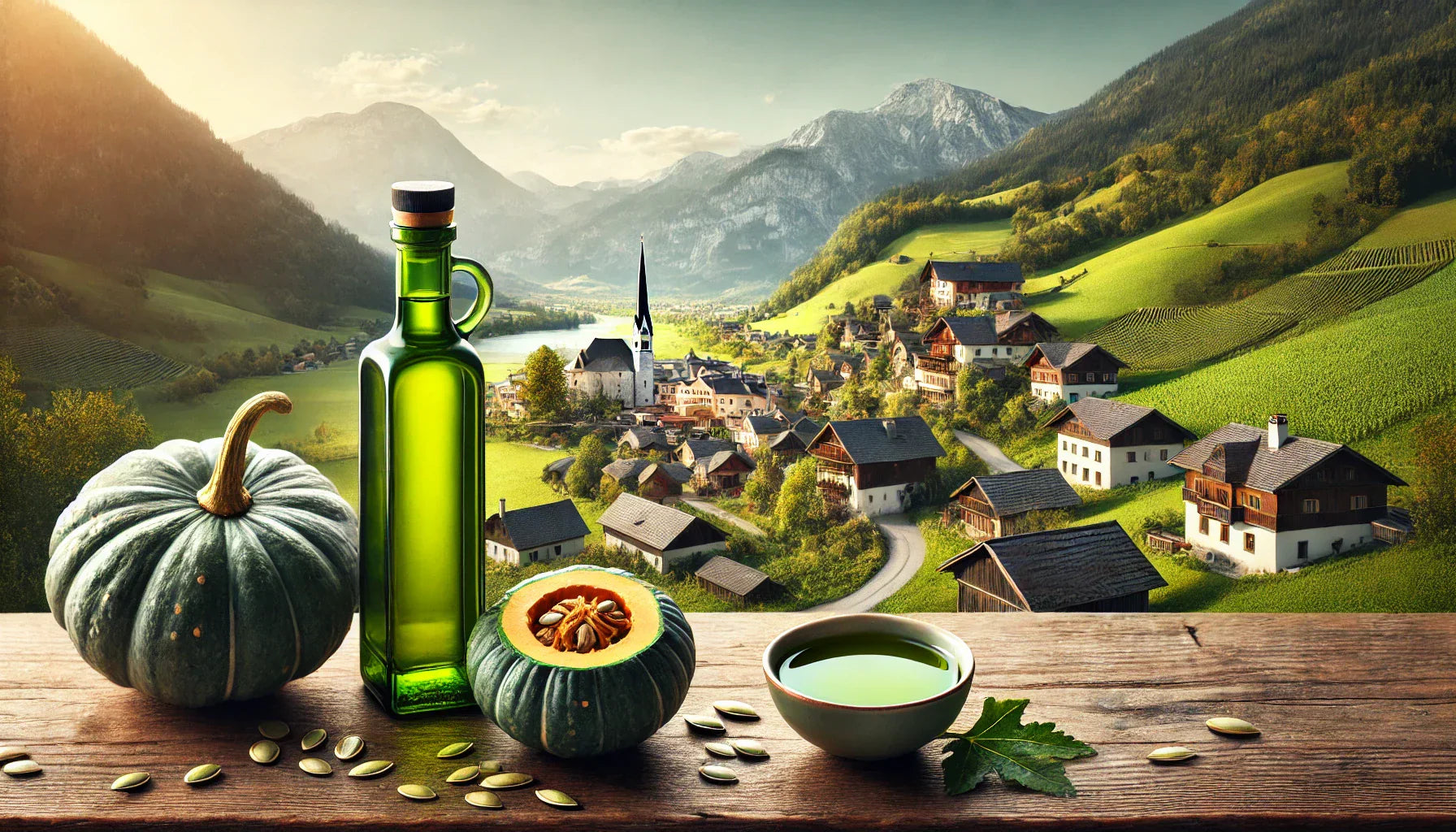 Pumpkin seed oil with fresh pumpkin seeds, showcasing its rich green color and health benefits.