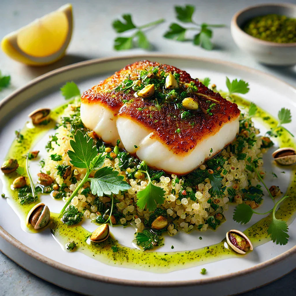 Pan-Seared Cod with Pistachio Oil and Lemon-Herb Quinoa