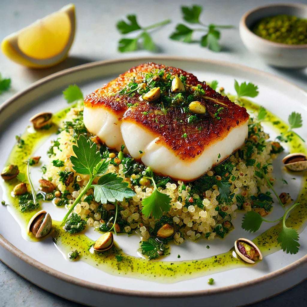 Pan-Seared Cod with Pistachio Oil and Lemon-Herb Quinoa