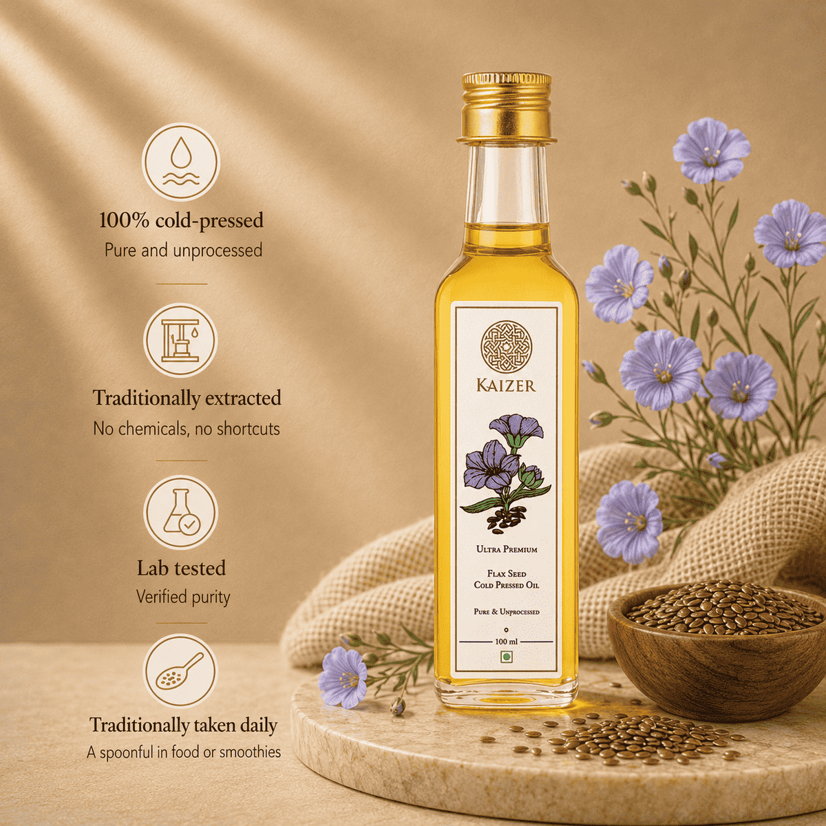 A bottle of Kaizer Pure Flaxseed Oil stands on a wooden tray with surrounding product callouts, seeds, burlap, and purple flowers on a warm beige background.