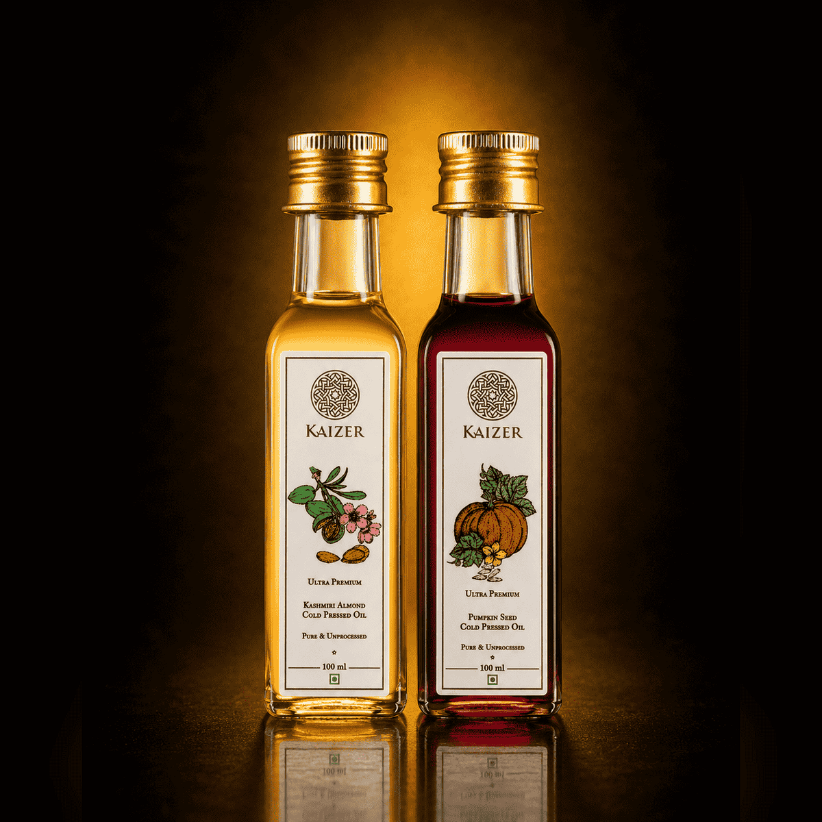Two bottles of Kaizer oil with labels on a gradient background