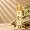 A bottle of KAIZER Moringa Oil displayed on a wooden board with a burlap cloth, surrounded by palm leaves, flowers, and a bowl of palm kernels. 