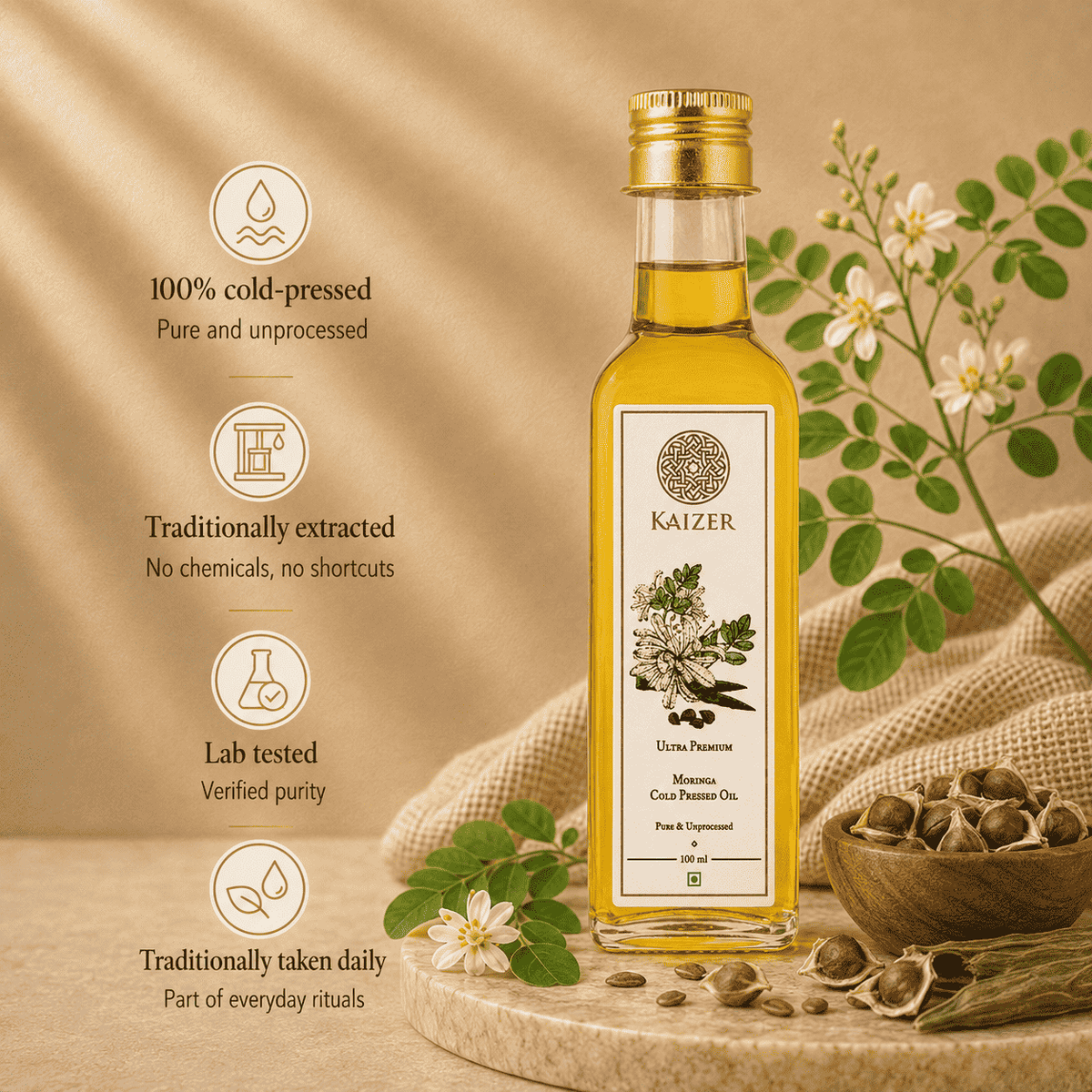A bottle of KAIZER Moringa Oil displayed on a wooden board with a burlap cloth, surrounded by palm leaves, flowers, and a bowl of palm kernels. Text overlays on the left highlight product benefits like '100% cold-pressed' and 'Traditionally extracted'.