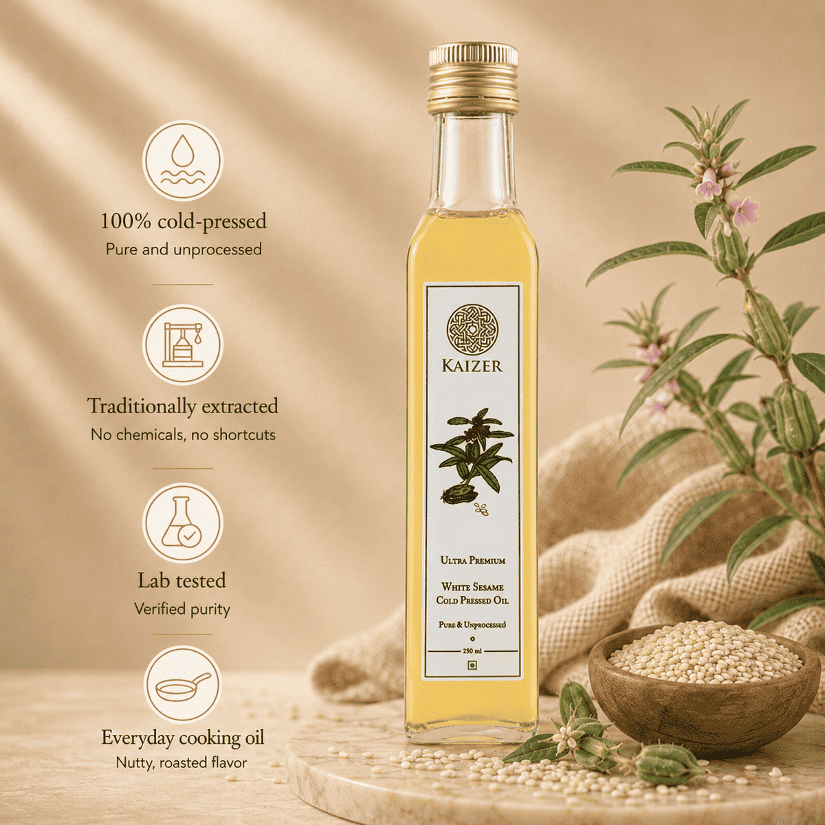 A bottle of Kaizer White Sesame Oil with  sesame plant and seeds next to it and the text 'Ultra Premium', indicating its high quality.