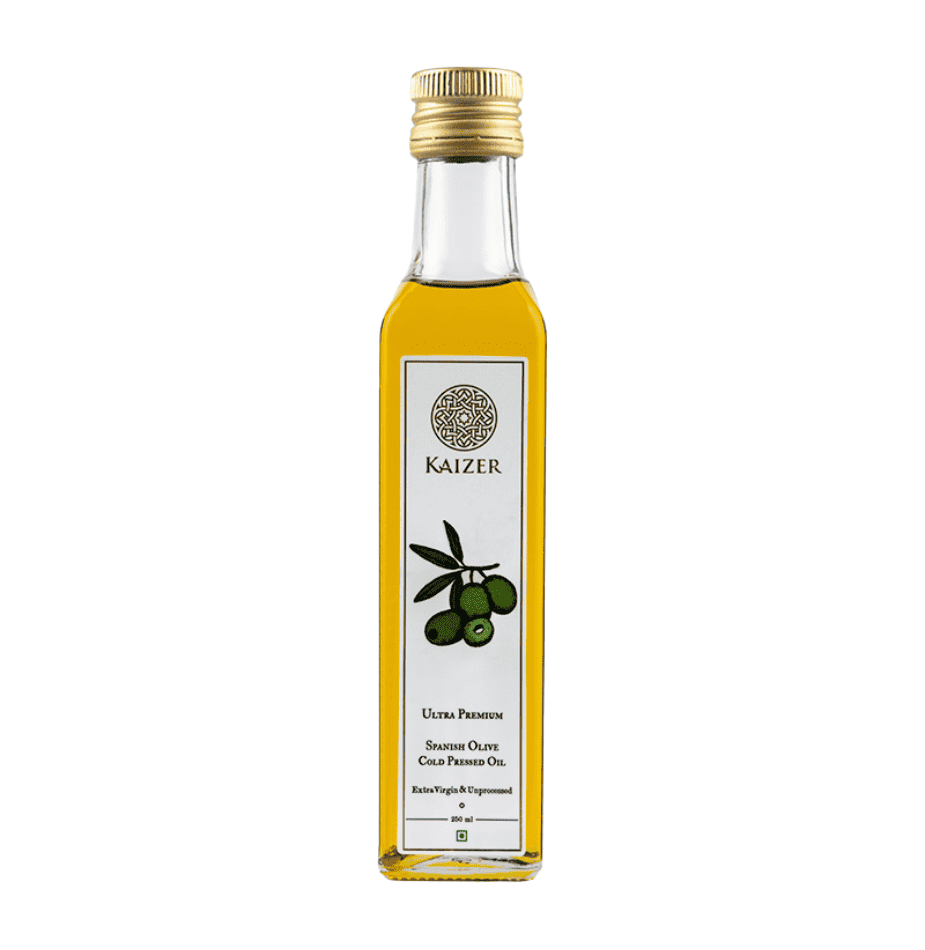 A bottle of Kaizer Ultra Premium Spanish Extra Virgin Olive Oil with a white label, olive branch graphics, and green text.