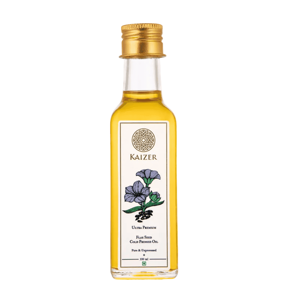 A bottle of Kaizer Flaxseed Oil with a label showing the brand name, product name, and an image of flax seeds.